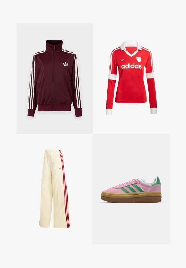 Vinrød trackjakke med lynlås og høj krave, hvide tre striber på ærmerne og hvidt Adidas trefoil-logo på brystet.; Rød langærmet fodboldtrøje med hvid krave og manchetter. Har tre hvide striber på skuldrene og "adidas" logoet fremtrædende vist.; Kremfarvede vidde træningsbukser med røde sidelommer, elastisk talje, lynlåslomme og rødt Adidas-logo på låret.; Lyserøde ruskindsneakers med grønne striber, hvide accenter og en brun gummisål. Har tekstureret stof og logodetaljer på siden.