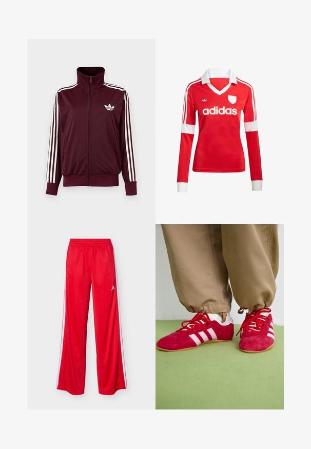 Vínovočervená športová bunda na zips s vysokým golierom, biele tri pruhy na rukávoch a biele logo Adidas trefoil na hrudi.; Červený futbalový dres s dlhým rukávom a bielym golierom a manžetami. Na ramenách sú tri biele pruhy a výrazne zobrazené logo "adidas".; Červené športové nohavice s bielymi bočnými pruhmi, elastickým pásom a logom Adidas na hornej časti stehna.; Červené semišové športové topánky s bielymi pruhmi, plochou gumovou podrážkou a červenými šnúrkami. Nosia sa s béžovými nohavicami, umiestnené na zelenej ploche.