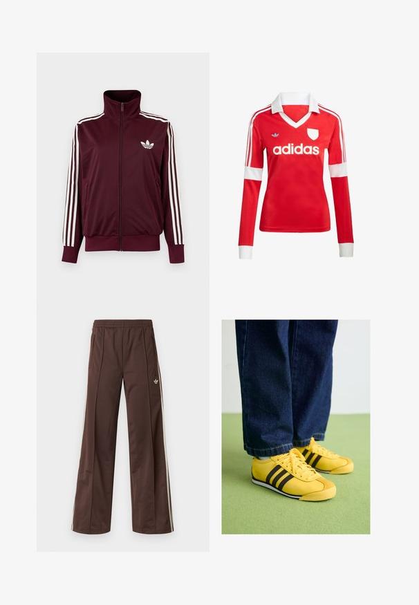 Vinrød trackjakke med lynlås og høj krave, hvide tre striber på ærmerne og hvidt Adidas trefoil-logo på brystet.; Rød langærmet fodboldtrøje med hvid krave og manchetter. Har tre hvide striber på skuldrene og "adidas" logoet fremtrædende vist.; Brune atletiske bukser med vidde ben, hvide striber på siden, elastisk linning og to sidelommer. Har et lille logo på benet.; Gule lædersneakers med sorte striber, en struktureret tåhætte og hvid sål, parret med mørke denimjeans, på en grøn overflade.