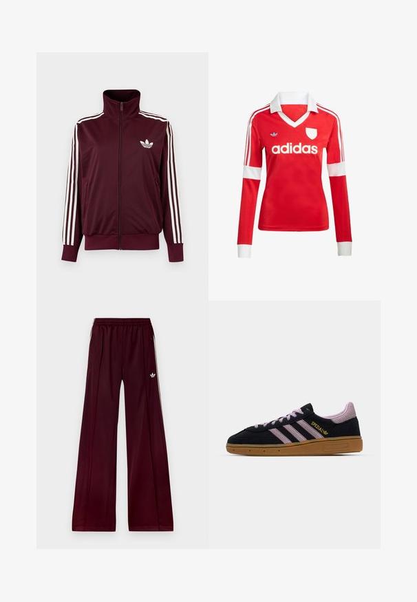 Vinrød trackjakke med lynlås og høj krave, hvide tre striber på ærmerne og hvidt Adidas trefoil-logo på brystet.; Rød langærmet fodboldtrøje med hvid krave og manchetter. Har tre hvide striber på skuldrene og "adidas" logoet fremtrædende vist.; Bordeaux farvede sportbukser med afslappet pasform, lavet af glat materiale, med to sidelommer og hvide kontraststriber langs siderne.; Sort og pink ruskinds-sneakers med gummisål, tre pink striber, gyldent "SPEZIAL" branding og tekstureret gummisål. Lavt design.