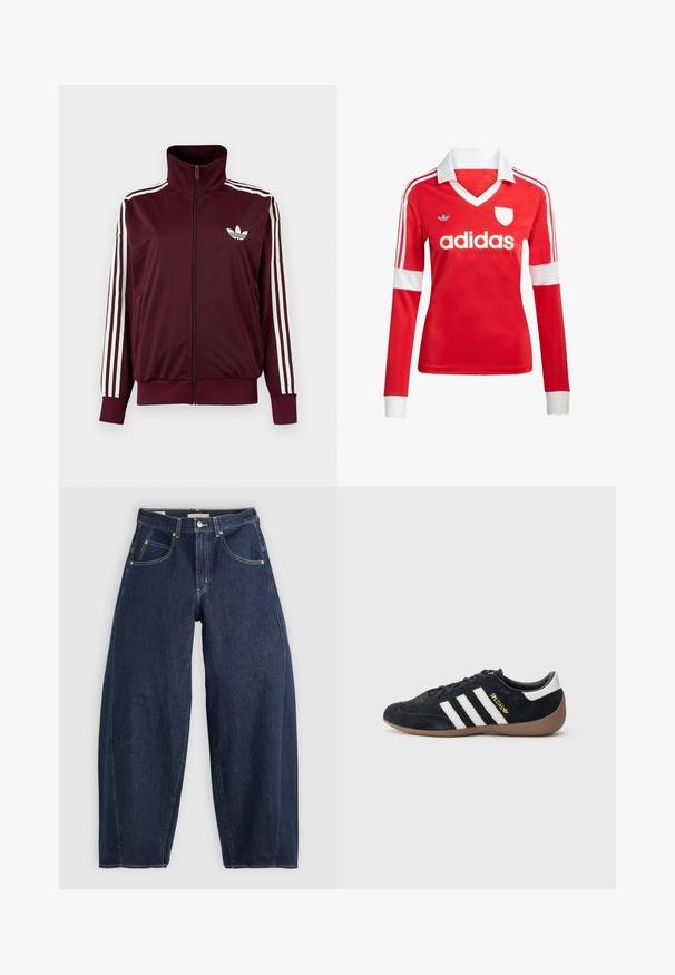Bordeauxkleurige trainingsjas met ritssluiting en hoge kraag, witte drie strepen op de mouwen en wit Adidas trefoil-logo op de borst.; Rode lange mouwen voetbalshirt met een witte kraag en manchetten. Heeft drie witte strepen op de schouders en het "adidas" logo prominent weergegeven.; Donkerblauwe denim jeans met een losse fit, lichte stiksels, vijf zakken en een knoopsluiting op de taille.; Zwarte suède sneaker met drie witte strepen, een rubberen gumzool en een klein gouden logo aan de zijkant. Heeft een gladde zwarte binnenvoering.