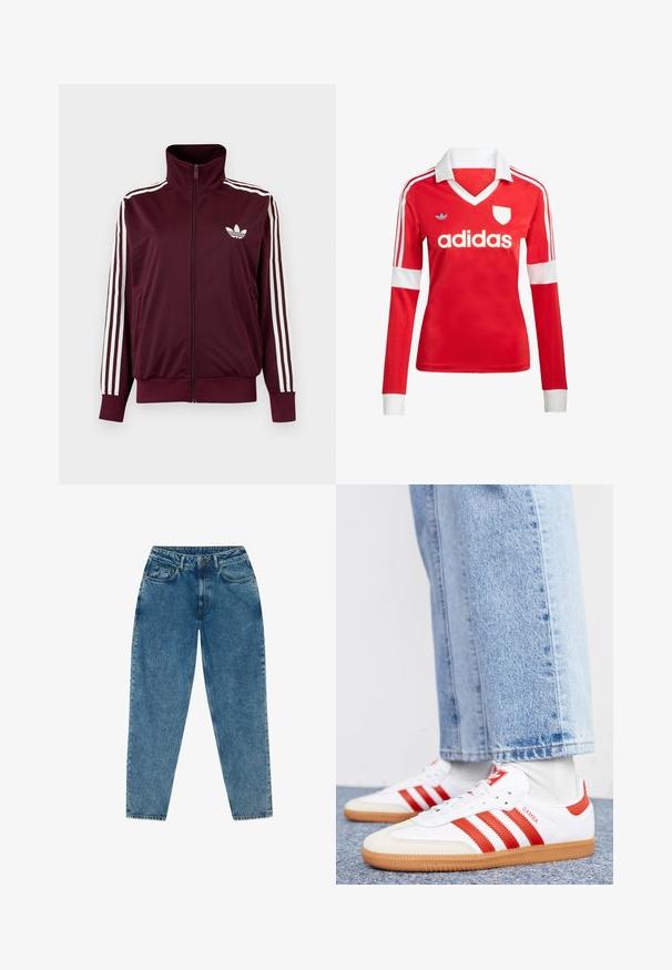 Vínovočervená športová bunda na zips s vysokým golierom, biele tri pruhy na rukávoch a biele logo Adidas trefoil na hrudi.; Červený futbalový dres s dlhým rukávom a bielym golierom a manžetami. Na ramenách sú tri biele pruhy a výrazne zobrazené logo "adidas".; Svetlomodré džínsy s voľným strihom, vysokým pásom, dizajnom s piatimi vreckami, viditeľným šitím a mierne vybledlým vzhľadom.; Biele kožené tenisky s červenými pruhmi a akcentmi. Majú štruktúrovanú gumovú podrážku a polstrovaný golier. Nosené s svetlomodrými džínsami.