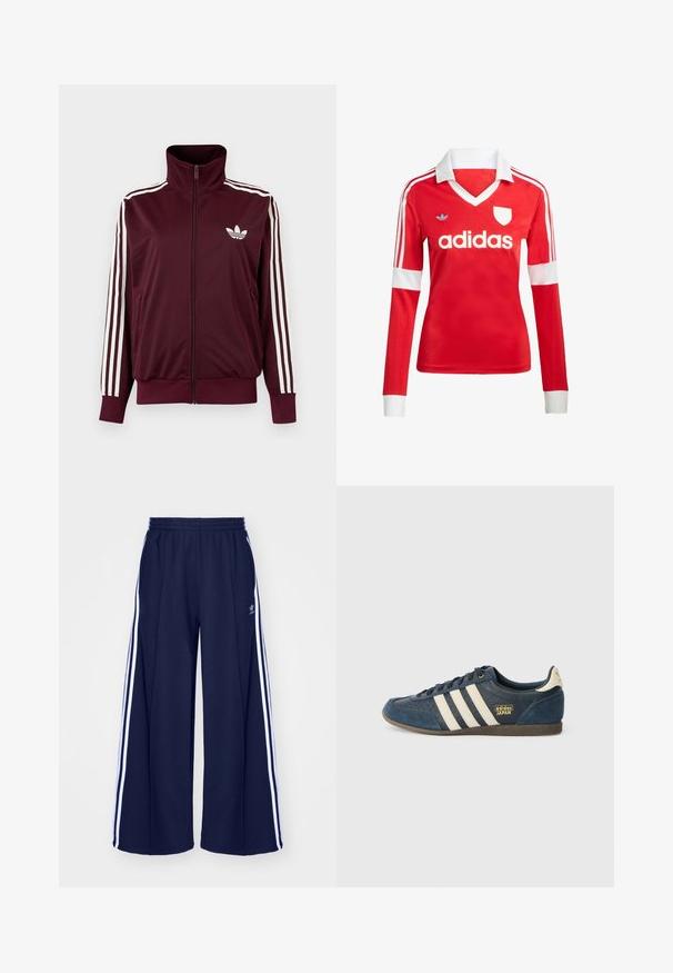 Bordeauxrote Trainingsjacke mit Reißverschluss und hohem Kragen, weißen drei Streifen an den Ärmeln und weißem Adidas-Trefoil-Logo auf der Brust.; Rotes Fußballtrikot mit langen Ärmeln, weißem Kragen und weißen Ärmelbündchen. Es hat drei weiße Streifen auf den Schultern und das "adidas"-Logo ist auffällig platziert.; adidas Originals PANT - Jogginghose - night indigo; Marineblaue Wildledersneaker mit cremefarbenen Streifen, strukturiertem Zehenbereich, goldenem "adidas JAPAN"-Logo und brauner Gummisohle. Klassisches Low-Top-Design.