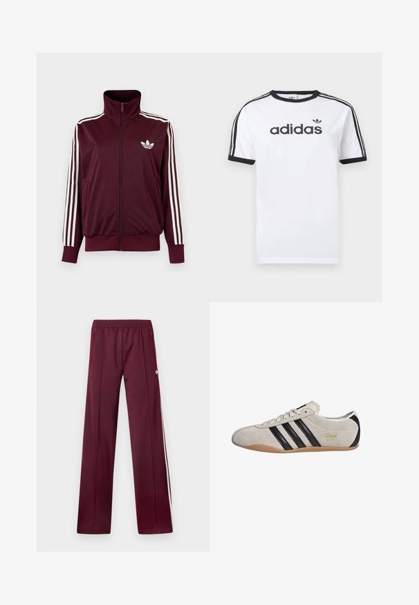 Vínovočervená športová bunda na zips s vysokým golierom, biele tri pruhy na rukávoch a biele logo Adidas trefoil na hrudi.; Biele bavlnené tričko s čiernymi akcentmi, so zapínaním okolo krku, krátkymi rukávmi, tromi čiernymi pruhmi na ramenách a čiernym logom „adidas“.; Vínové teplákové nohavice s elastickým pásom, bočnými vreckami na zips, bielymi bočnými pruhmi a malým bielym logom Adidas na pravej stehne.; Semišové tenisky so šedým zvrškom, čiernymi pruhmi a gumovou podrážkou. Majú šnurovanie a zlatý logový detail na boku.