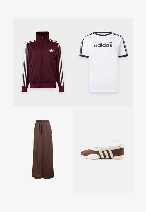 Vínovočervená športová bunda na zips s vysokým golierom, biele tri pruhy na rukávoch a biele logo Adidas trefoil na hrudi.; Biele bavlnené tričko s čiernymi akcentmi, so zapínaním okolo krku, krátkymi rukávmi, tromi čiernymi pruhmi na ramenách a čiernym logom „adidas“.; adidas Originals Tepláky - auburn cream white; Hnedá a biela baletná balerína s tromi bielymi pruhmi a mašľou na zviazanie okolo členku na jednoduchom svetlom pozadí.