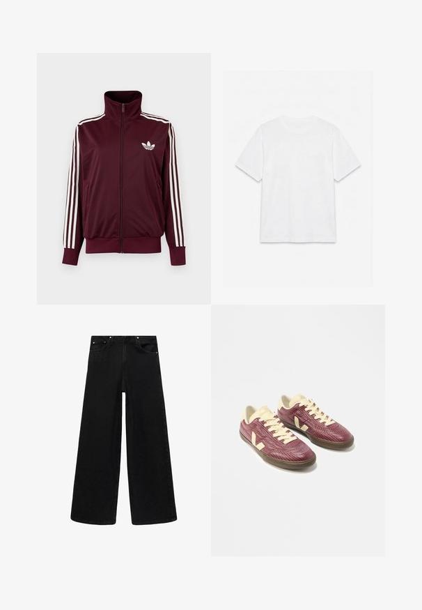Bordeauxrote Trainingsjacke mit Reißverschluss und hohem Kragen, weißen drei Streifen an den Ärmeln und weißem Adidas-Trefoil-Logo auf der Brust.; Schlichtes weißes T-Shirt mit kurzen Ärmeln und Rundhalsausschnitt, flach auf weißem Hintergrund liegend.; Schwarz weit geschnittene Jeans aus Denim. Mit Reißverschluss, fünf Taschen und silberfarbener Hardware. Schlichtes Design, ohne Muster oder Akzente.; Paar flacher Sneakers mit strukturierten burgunderroten Obermaterialien, cremefarbenen Schnürsenkeln, Zungen und Fersenakzenten sowie braunen Gummisohlen auf weißem Hintergrund.