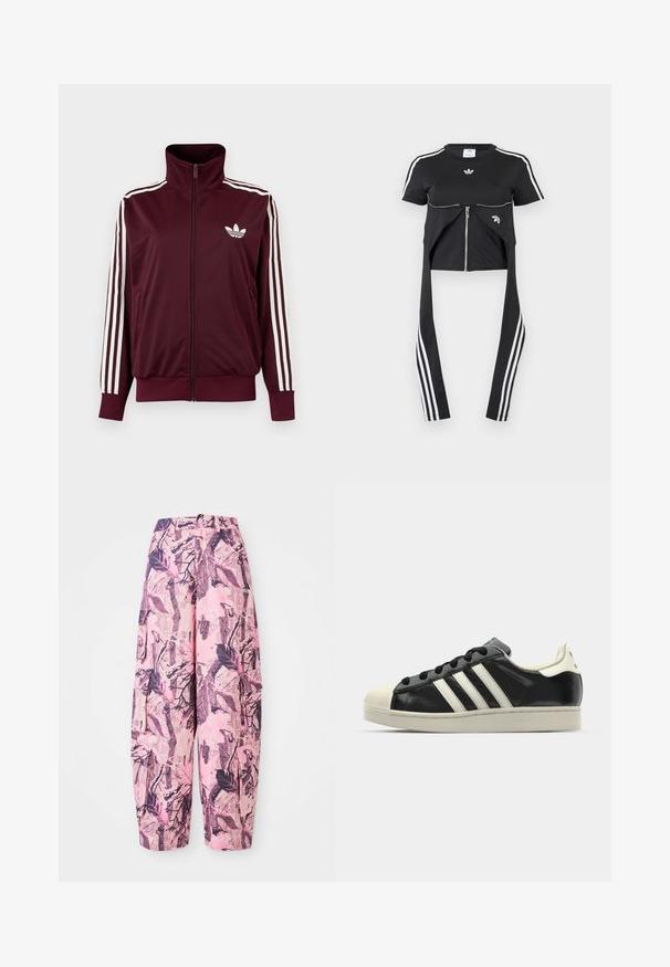 Viininpunainen vetoketjullinen urheilutakki korkealla kauluksella, valkoiset kolme raitaa hihoissa ja valkoinen Adidas Trefoil -logo rinnassa.; Musta lyhythihainen paita, jossa valkoiset Adidas-raidoitukset hihoissa, vetoketjutasku edessä ja pidennetyt kangaspaneelit, joissa kolme valkoista raitaa.; Vaaleanpunaiset ja violetti kuviolliset leveälahkeiset housut, joissa on lehdet ja oksat -kuvio, korkea vyötärö ja sivutaskut lisäämään käytännöllisyyttä.; Musta nahkasneakeri, jossa on valkoiset raidat, kuminen varvassuoja, mustat nauhat ja kermaisa ulkopohja. Suora pinta ja kiiltävä viimeistely.