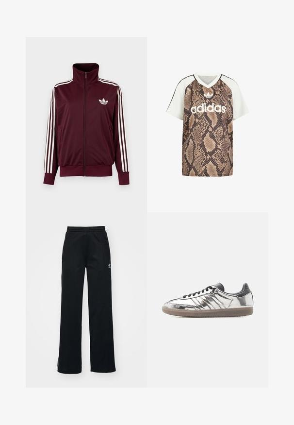 Chaqueta deportiva burdeos con cremallera, cuello alto, tres rayas blancas en las mangas y logo blanco de trébol de Adidas en el pecho.; Camiseta Adidas de manga corta con cuello en V, mangas blancas y cuerpo con estampado de serpiente marrón, con logo blanco de Adidas y emblema de trébol en el frente.; Pantalones deportivos negros con corte relajado, cintura con cordón, bolsillos laterales con cremallera y sutil marca blanca en la pierna izquierda.; Zapatilla baja con parte superior plateada reflectante, cordones y talón negros, y suela de goma beige sobre un fondo claro y liso.