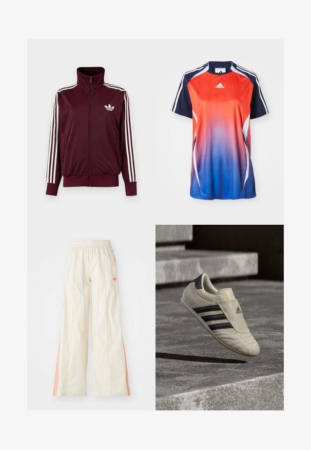 Vínovočervená športová bunda na zips s vysokým golierom, biele tri pruhy na rukávoch a biele logo Adidas trefoil na hrudi.; Adidas športová košeľa s krátkym rukávom s gradientom od červenej po modrú, s námorníckymi akcentmi a bielymi pruhmi pozdĺž ramien.; Krémové široké nohavice s elastickým pásom, s oranžovými bočnými pruhmi a malým oranžovým logom na prednej strane.; Béžová športová obuv s textúrovaným zvrškom, čiernym dizajnom troch prúžkov a plochou gumovou podrážkou. Obsahuje skladaciu chlopňu cez šnúrky.