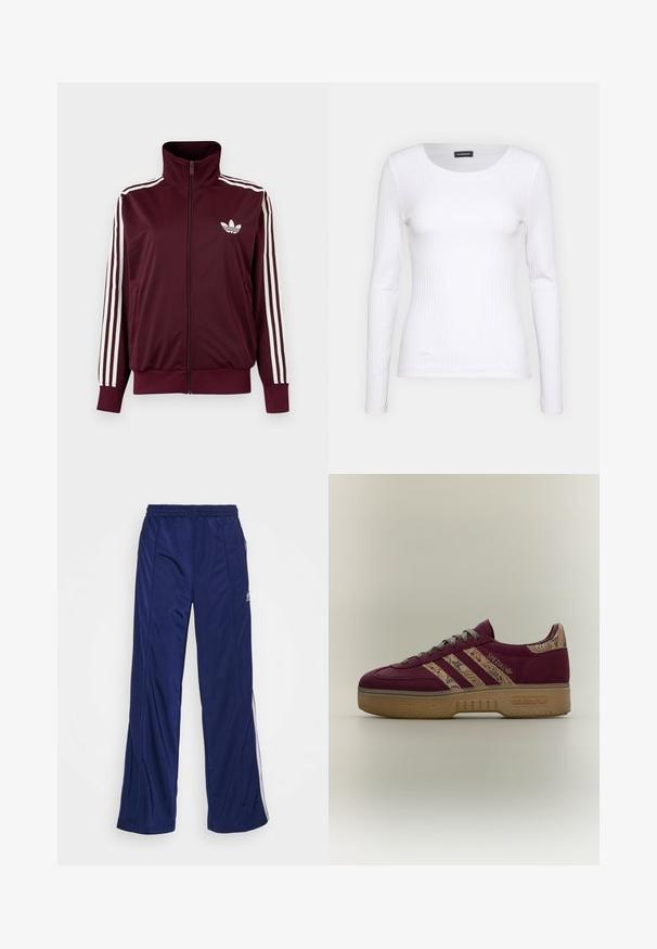 Vinrød trackjakke med lynlås og høj krave, hvide tre striber på ærmerne og hvidt Adidas trefoil-logo på brystet.; Hvid ribbet langærmet trøje med rund halsudskæring. Fremstillet af et strækstof, der sidder tæt til kroppen. Har subtile horisontale linjer.; Marineblå træningsbukser med elastisk talje, lige ben og sidelommer med lynlås. Har hvid piping langs siderne. Glat stofstruktur.; Vinrød Adidas Spezial sneaker med paisley-mønstrede tre striber og hæl, brun gummisål og grønne snørebånd, sidevisning på ensfarvet baggrund.