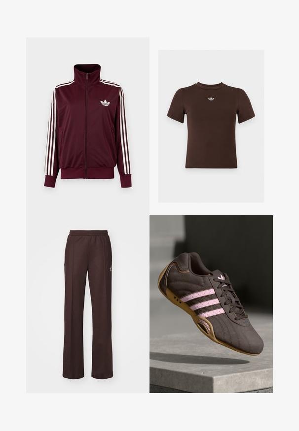 Viininpunainen vetoketjullinen urheilutakki korkealla kauluksella, valkoiset kolme raitaa hihoissa ja valkoinen Adidas Trefoil -logo rinnassa.; Ruskea vartalonmyötäinen lyhythihainen t-paita, jonka rinnassa on pieni valkoinen Adidas-logo kauluksen alapuolella keskellä.; Ruskeat urheiluhousut, joissa on joustava vyötärö, kaksi sivutaskua ja pieni logo vasemmalla puolella, valmistettu pehmeästä kankaasta.; Ruskea mokkanahkainen urheilukenkä, jossa on vaaleanpunaiset raidat ja logo. Kengässä on teksturoitu päällinen, nauhakiinnitys ja kuminen pohja.