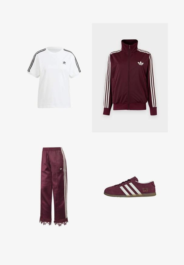 Bordeauxkleurige trainingsjas met ritssluiting en hoge kraag, witte drie strepen op de mouwen en wit Adidas trefoil-logo op de borst.; Witte katoenen t-shirt met korte mouwen, een ronde hals en zwarte verticale strepen op de schouders, met een klein zwart logo op de borst.; Wijnrode satijnen trainingsbroek met witte zijstrepen, elastische taille, zakken met rits en kanten afwerking bij de zoom.; Bordeauxrode suède sneaker met witte strepen, een ronde neus en een buitenzool van gum rubber. Voorzien van een logolabel aan de buitenkant.