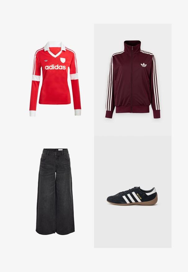 Vínovočervená športová bunda na zips s vysokým golierom, biele tri pruhy na rukávoch a biele logo Adidas trefoil na hrudi.; Červený futbalový dres s dlhým rukávom a bielym golierom a manžetami. Na ramenách sú tri biele pruhy a výrazne zobrazené logo "adidas".; Široké čierne deninové nohavice s vysokým pásom, prednými vreckami a jemnou textúrou; navrhnuté pre pohodlný strih.; Čierna semišová teniska s tromi bielymi pruhmi, gumovou podrážkou a malým zlatým logom na boku. Má hladkú čiernu vnútornú podšívku.
