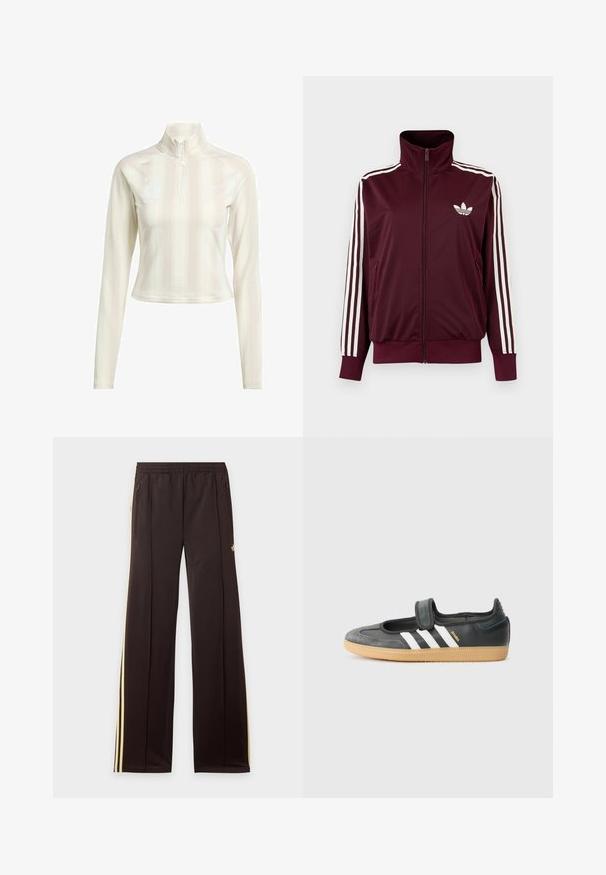 Viininpunainen vetoketjullinen urheilutakki korkealla kauluksella, valkoiset kolme raitaa hihoissa ja valkoinen Adidas Trefoil -logo rinnassa.; Valkoinen pitkähihaisuus vetoketjullinen paita korkealla kauluksella, jossa on hienovaraisia pystyraitoja sekä logoja rinnassa ja hihassa. Pehmeä kankaan pinta.; Mustat verkkarit keltaisilla sivuraitoisilla, joustavalla vyötäröllä, vetoketjullisilla sivutaskuilla ja pienellä logolla ylemmässä reisiosassa.; Mustat nahka- ja mokkanahkalenkkarit, joissa on tarranauha, kolme valkoista raitaa ja kumipohja. Sivussa lukee "SAMBA".