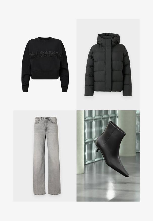 Zwarte gewatteerde jas met capuchon, met een boxy ontwerp, dikke gewatteerde secties en een ritssluiting aan de voorkant. Glad, glanzend textuur.; Zwarte cropped sweatshirt van zacht materiaal, met "ALLSAINTS" in textuur zwart accenten op de voorkant. Ronde hals en lange mouwen.; Grijze denim wijde pijpen jeans met een gemiddelde wasbeurt, voorzien van een knoopsluiting, vijf zakken en standaard stikdetails.; Zwarte leren enkellaars met puntige neus en lage hak, afgebeeld tegen een glazen blokkenmuur en gepolijste vloer op de achtergrond.