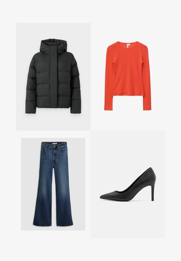 Schwarze Pufferjacke mit Kapuze, die ein kastiges Design, dick gepolsterte Abschnitte und einen Reißverschluss auf der Vorderseite aufweist. Glatte, glänzende Textur.; Langärmeliges, schlichtes oranges Rundhalsshirt mit geradem Saum, flach auf weißem Hintergrund liegend dargestellt.; Weite Jeans aus dunkelblauem Denim mit hoher Taille, Fünf-Taschen-Design und kontrastierenden Nähten entlang der Nähte und des Bunds.; Schwarze High Heel-Pumps mit spitzer Zehenpartie, aus glattem Leder, mit einem eleganten Design und einem dünnen, zylindrischen Absatz.