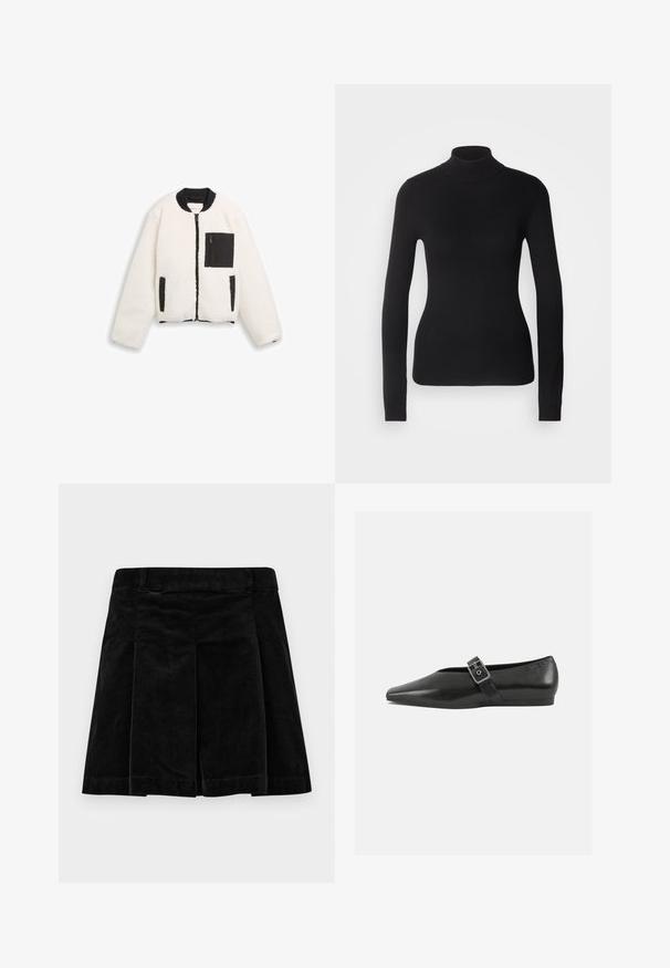 Valge sherpa fliiskate, musta ribidega kraega, musta tõmbelukuga esiosas, musta tõmbelukuga rinna taskuga ja kahe mustade ääristega käetaskuga.; Mustem turtleneck-sviiter, mis on valmistatud kerge kudumiskangast. Omab pikki varrukaid, slim-fit lõiget ja pehmet soonikut.; Musthave riidest seelik, millel on volditud disain, sirge lõige, tekstureeritud pind ja kinnituv vöökoht kindla istuvuse tagamiseks.; Must mustril leedjalats, millel on terav varvas, metallist pandla rihm üle jala ja madal, paindlik tall.