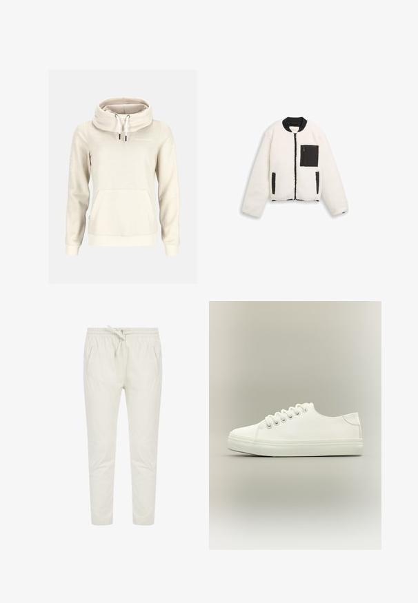 Veste en polaire sherpa blanche avec col côtelé noir, fermeture éclair noire à l'avant, poché poitrine zippé noir et deux poches pour les mains bordées de noir.; Sweat à capuche beige à manches longues, col montant, cordons blancs, poche kangourou sur le devant et petit logo "Swedemount" sur la poitrine.; Pantalon tapered beige clair en matière douce, avec une taille élastique, un cordon de serrage ajustable et deux poches latérales.; Baskets basses blanches avec lacets blancs et semelle en caoutchouc, vues de côté sur un fond neutre.