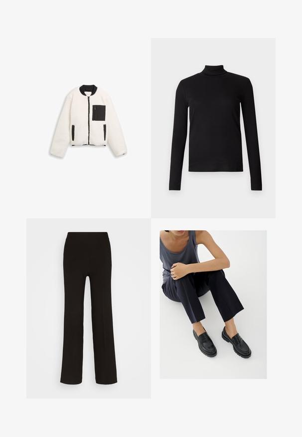 Chaqueta de sherpa blanca con cuello acanalado negro, cremallera frontal negra, bolsillo en el pecho con cremallera negra y dos bolsillos para las manos con ribete negro.; Camisa de cuello alto de manga larga negra, confeccionada con una tela suave, con un diseño ajustado y textura lisa. Sin patrones ni hardware visible.; Pantalones de pierna ancha negros, fabricados en una tela suave, con una cinturilla alta ajustada y sin hardware o patrones visibles.; Mocasines de cuero negro con detalles texturizados, tacón bajo, puntera redonda y costuras visibles. Modelo vistiendo pantalones oscuros y una blusa gris.