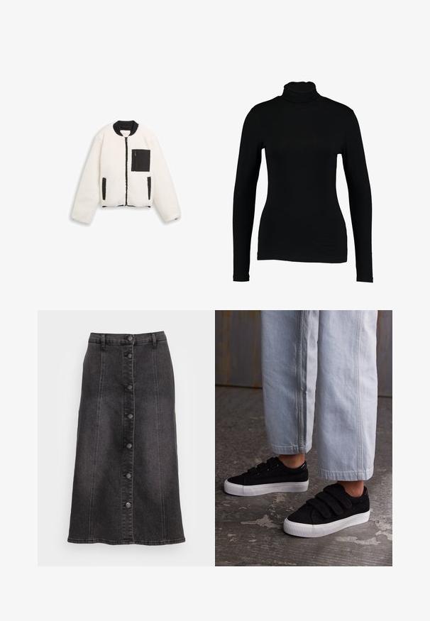 Veste en polaire sherpa blanche avec col côtelé noir, fermeture éclair noire à l'avant, poché poitrine zippé noir et deux poches pour les mains bordées de noir.; T-shirt noir à manches longues et col roulé en tissu lisse, avec une coupe ajustée et un col haut, idéal pour les superpositions ou à porter seul.; Jupe en denim noire en forme de A avec cinq boutons métalliques visibles à l'avant, taille haute et coutures apparentes. Texture lisse et design mi-long.; Baskets en velours côtelé noir avec trois bandes Velcro et un dessus texturé. Semelle en caoutchouc blanc à profil bas. Portées avec un pantalon cropped bleu clair.