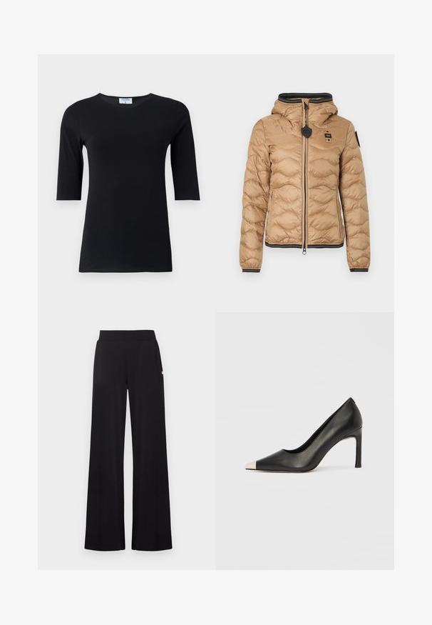 Veste matelassée à capuche de couleur marron clair avec fermeture éclair frontale, poignets et ceinture côtelés, et patchs logo noirs sur la poitrine et la manche.; Haut noir à manches longues fabriqué en tissu doux et extensible. Dispose d'un col rond et d'une silhouette ajustée avec des manches de longueur intermédiaire.; Pantalon noir à jambes larges avec une taille ajustée, réalisé dans un tissu lisse. Comprend des poches latérales discrètes et des accents matériels minimalistes.; Chaussure à talon haut en cuir noir avec bout pointu et capuchon argenté métallique. Présente une finition lisse et un talon fin de 10 cm.