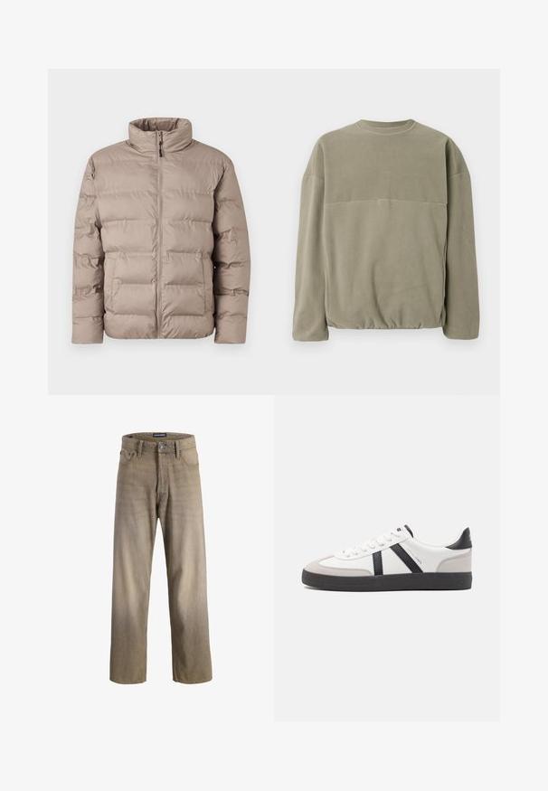 Hellbraune gepolsterte Jacke mit hohem Kragen, Frontreißverschluss und zwei Seitentaschen, entworfen für kaltes Wetter.; Olivegrüner Fleece-Pullover mit Rundhalsausschnitt, langen Ärmeln, lockerer Passform und gerafftem Saum für zusätzlichen Textur.; Hellbraune Jeans aus Denim mit geradem Beinschnitt, ausgestattet mit fünf Taschen und einem Knopfverschluss. Verwaschene Textur mit subtilen Farbverlaufseffekten.; Weiße Sneaker mit schwarz- und grau-aczenten, ausgestattet mit einer strukturierten grauen Zehenkappe, schwarzer Gummi-Sohle und flachen weißen Schnürsenkeln. Sauberes Design, minimalistische Stil.