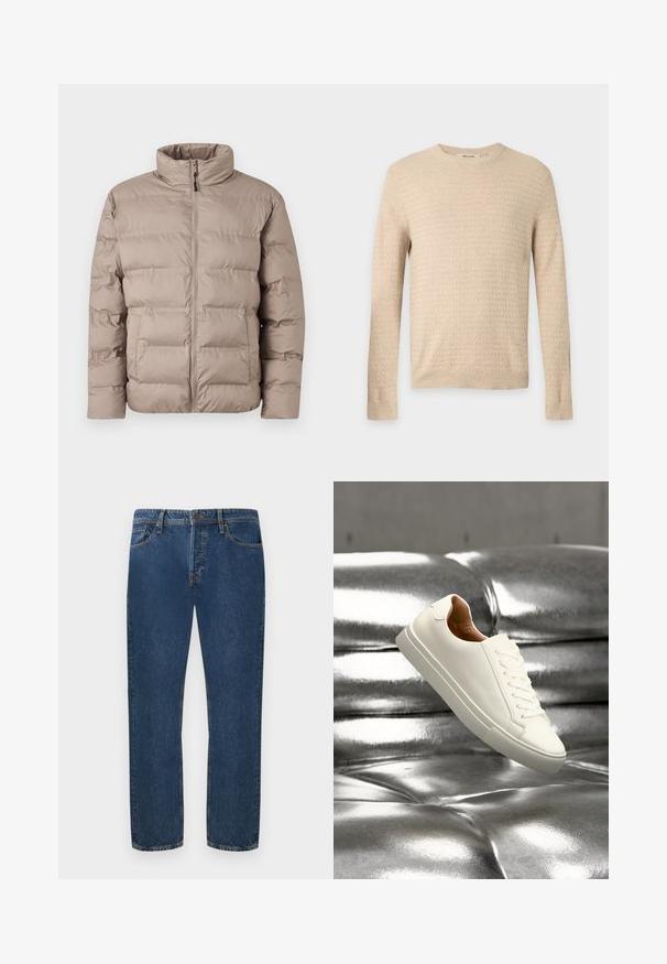 Lysebrun polstret jakke med høj krave, frontlynlås og to sidelommer, designet til koldt vejr.; Beige langærmet tekstureret strikket sweater med rund hals og ribkant ved ærmer og kant, vist på en ensfarvet lysegrå baggrund.; Mørkeblå denim jeans med lige pasform, der har fem lommer og knaplukning. Stoffet har en synlig struktur og subtil stribing.; Hvid lavtop-sneaker, der svæver over en skinnende sølv tuftet læderoverflade.