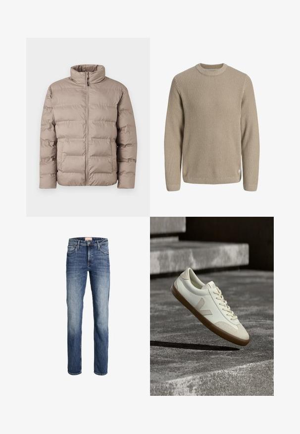 Lysebrun polstret jakke med høj krave, frontlynlås og to sidelommer, designet til koldt vejr.; Beige ribstrikket sweater med lange ærmer og rund halsudskæring, vist mod en lys baggrund.; Straight-leg blå jeans med let falmning på lår og knæ, frontlukning med knap og lynlås samt femlommesdesign.; Hvide læder sneakers med tanfarvet gummisål, flade snørebånd og V-formet detalje på siden. Har en glat overflade og minimale syninger.