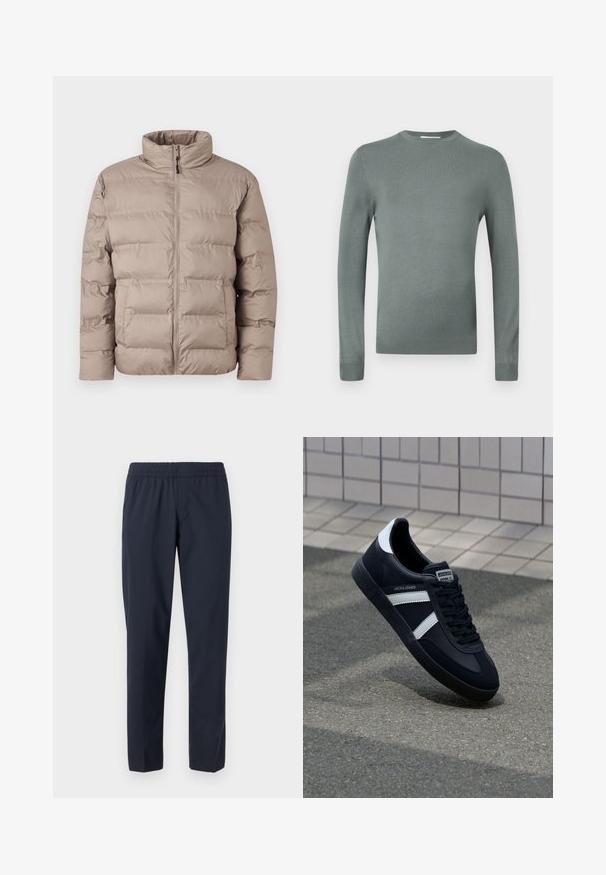 Lysebrun polstret jakke med høj krave, frontlynlås og to sidelommer, designet til koldt vejr.; Lysegrøn langærmet sweater lavet af blødt strikstof. Har en rund halsudskæring og tætsiddende ærmer med ribbede manchetter. Enkelt design.; Mørkeblå bukser med elastisk talje, lige ben, let stof og uden synlige lommer eller udsmykninger.; Sort lædersneaker med hvide striber, tekstureret gummisål og snørrebånd foran. Har et brandet mærke på tungen.