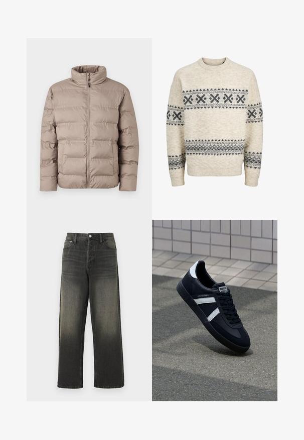 Hellbraune gepolsterte Jacke mit hohem Kragen, Frontreißverschluss und zwei Seitentaschen, entworfen für kaltes Wetter.; Beiger Strickpullover mit dunkelgrauen geometrischen Mustern über Brust, Ärmeln und unterem Rumpf, mit rundem Ausschnitt und gerippten Bündchen.; Schwarze Jeans aus Denim mit lockerer Passform, hoher Taille, silbernen Hardware-Details und einer verwaschenen Textur mit subtilen Falten. Gerade Beine ohne Verzierungen.; Schwarze Leder-Sneaker mit weißen Streifen, strukturiertem Gummisohle und Schnürung. Verfügt über ein Markenetikett auf der Zunge.