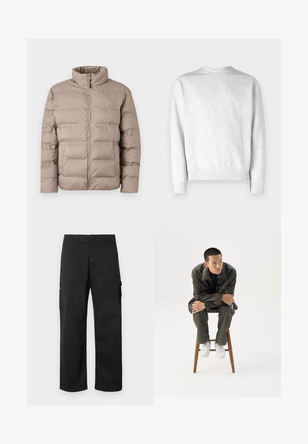 Lysebrun polstret jakke med høj krave, frontlynlås og to sidelommer, designet til koldt vejr.; Lys grå crewneck sweatshirt lavet af blødt fleece-materiale, med ribbestrikkede manchetter og kant, samt en glat, tekstureret overflade.; Sorte cargo bukser med lige ben-design, flere sidelommer og knaplukning. Lavet af slidstærkt, letvægtsstof.; Ung mand i mørk læderjakke og jeans sidder på en træskammel, læner sig fremad med armene krydset og kigger til siden mod hvid baggrund.