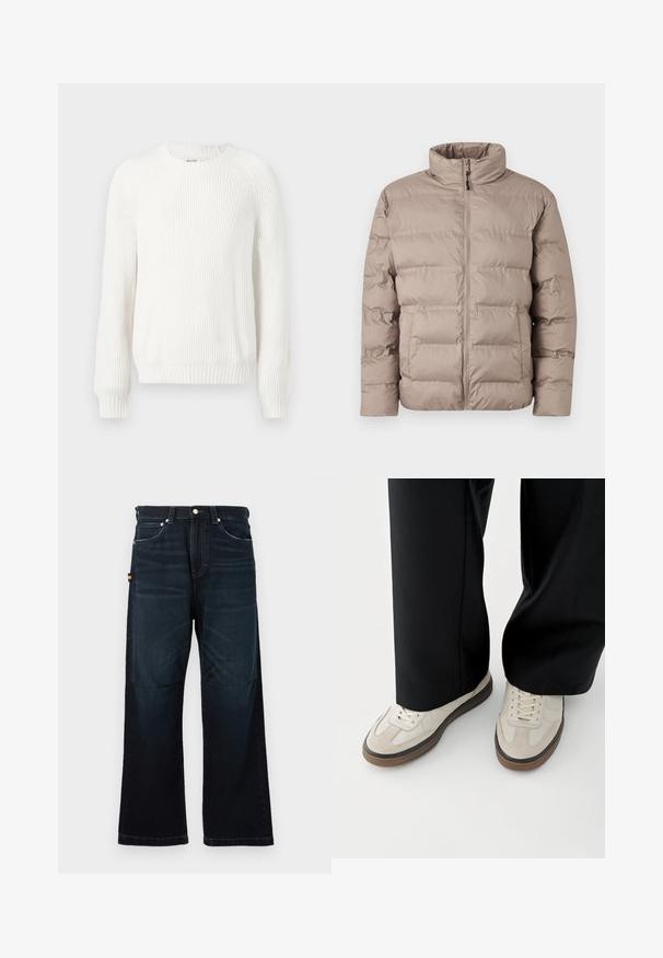 Veste matelassée marron clair avec col montant, fermeture éclair sur le devant et deux poches latérales, conçue pour les temps froids.; Pull en maille blanche avec un col rond, des épaules tombantes et des manches longues. Caractérisé par un tissu texturé et un ourlet droit.; Jeans droit bleu foncé avec un design classique à cinq poches, passants de ceinture et légers détails décolorés à l'avant et aux genoux.; Pieds portant des baskets beige avec des semelles marron et un pantalon noir à jambes larges sur fond blanc.