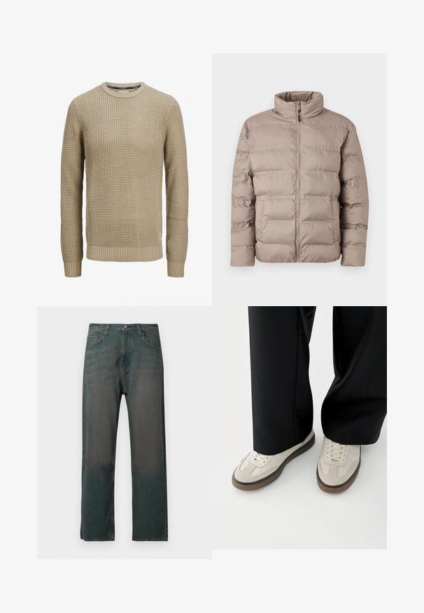 Lysebrun polstret jakke med høj krave, frontlynlås og to sidelommer, designet til koldt vejr.; Beige langærmet strikket sweater med tekstureret vaffelmønster, rund halsudskæring samt ribstrikkede manchetter og kant.; Mørkegrønne denimjeans med lige ben, der har et klassisk design med fem lommer og kontrastsyninger langs sømmene.; Fødder iført beige sneakers med brune såler og sorte bukser med vide ben på hvid baggrund.