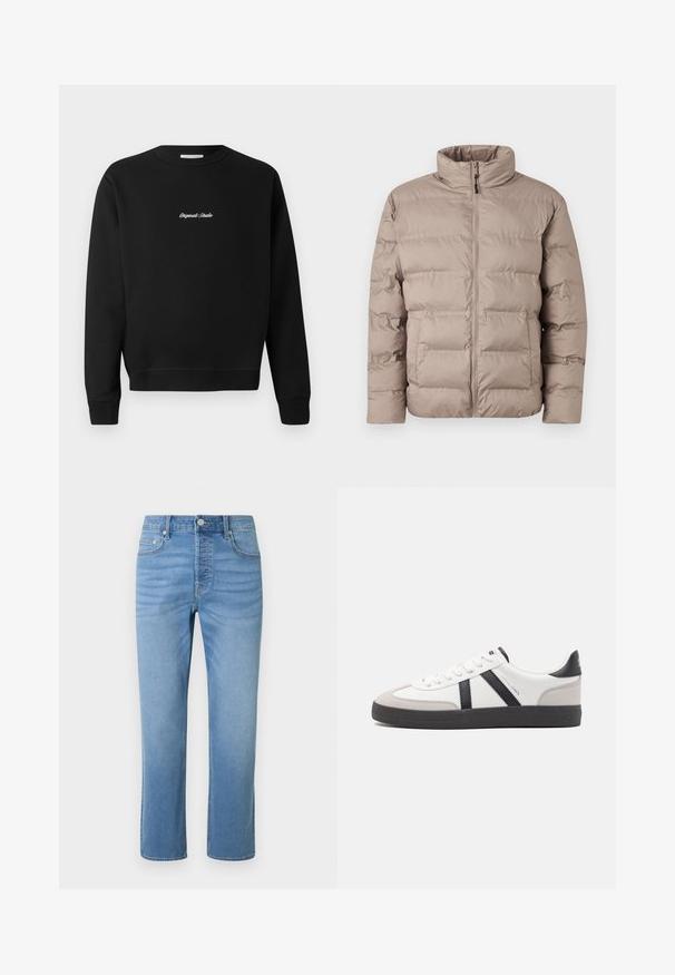 Hellbraune gepolsterte Jacke mit hohem Kragen, Frontreißverschluss und zwei Seitentaschen, entworfen für kaltes Wetter.; Schwarzer Sweatshirt mit rundem Ausschnitt, langen Ärmeln und gerippten Bündchen, mit "Original Studio" in Weiß auf der Vorderseite gestickt.; Hellblaue Jeans mit geradem Bein, Vorderentaschen, Gürtelschlaufen, Knopfverschluss und dezentem Ausbleichen an Hüfte und Oberschenkeln.; Weiße Sneaker mit schwarz- und grau-aczenten, ausgestattet mit einer strukturierten grauen Zehenkappe, schwarzer Gummi-Sohle und flachen weißen Schnürsenkeln. Sauberes Design, minimalistische Stil.