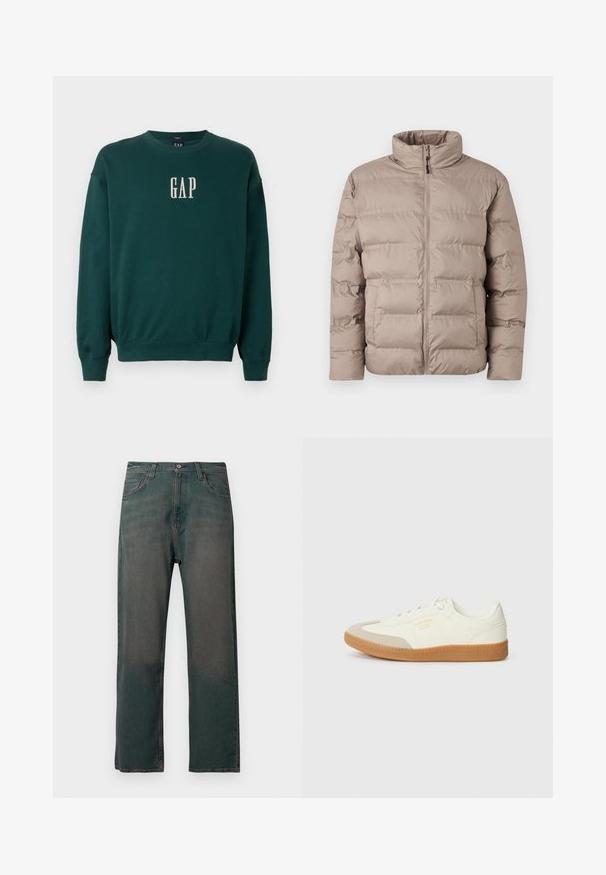 Lysebrun polstret jakke med høj krave, frontlynlås og to sidelommer, designet til koldt vejr.; Grøn langærmet sweatshirt med ribbede manchetter og talje, med hvidt broderet "GAP" logo på brystet. Blødt stof.; Mørkegrønne denimjeans med lige ben, der har et klassisk design med fem lommer og kontrastsyninger langs sømmene.; Sneaker lavet af hvid læder med en beige tåhætte og let brunt gummisål. Har flade hvide snørebånd og prægede branding på siden.