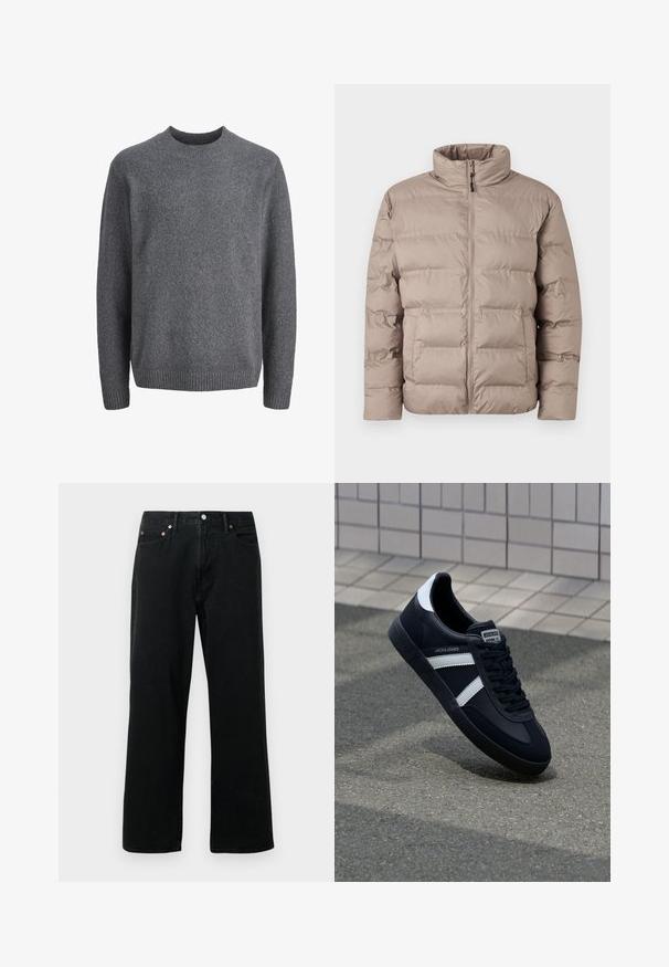 Lysebrun polstret jakke med høj krave, frontlynlås og to sidelommer, designet til koldt vejr.; Mørkegrå crewneck uldtrøje med lange ærmer og ribbet kant ved manchetter, halsudskæring og skørt.; Sorte denimjeans med lige ben, fem-lomme design, metalnitter og knaplukning. Stoffet har en blød tekstur med minimal falming.; Sort lædersneaker med hvide striber, tekstureret gummisål og snørrebånd foran. Har et brandet mærke på tungen.