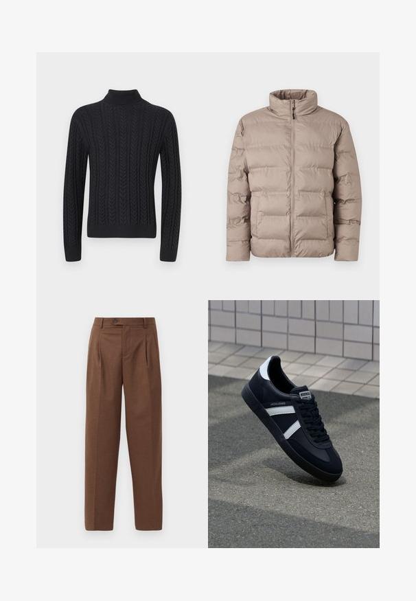 Lysebrun polstret jakke med høj krave, frontlynlås og to sidelommer, designet til koldt vejr.; Sort strikket turtleneck sweater med et tekstureret mønster af lodrette fletninger, ribbede manchetter og kant for en tætsiddende pasform.; Brune skræddersyede bukser med lige pasform, synlige folder, forlommer og en enkelt knaplukning i taljen. Glat tekstur.; Sort lædersneaker med hvide striber, tekstureret gummisål og snørrebånd foran. Har et brandet mærke på tungen.