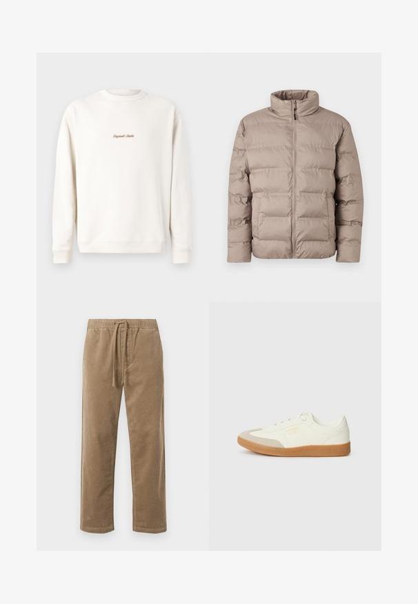 Lysebrun polstret jakke med høj krave, frontlynlås og to sidelommer, designet til koldt vejr.; Cremefarvet sweatshirt med ribbet rund hals og manchetter. Har lille, gul "Original Studio" broderi på brystet. Blød tekstur.; Brune fløjlsbukser med elastisk talje og snøre, der har en afslappet pasform og lige ben, struktureret overflade med ribbet mønster.; Sneaker lavet af hvid læder med en beige tåhætte og let brunt gummisål. Har flade hvide snørebånd og prægede branding på siden.