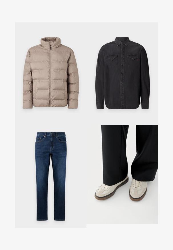 Lysebrun polstret jakke med høj krave, frontlynlås og to sidelommer, designet til koldt vejr.; Langærmet sort denimskjorte med klassisk krave, trykknaplukninger, to brystlommer og en subtil rød logo-detail.; Mørkeblå denim jeans med lige ben design, der har fem lommer, syede detaljer og en klassisk knaplukning.; Fødder iført beige sneakers med brune såler og sorte bukser med vide ben på hvid baggrund.