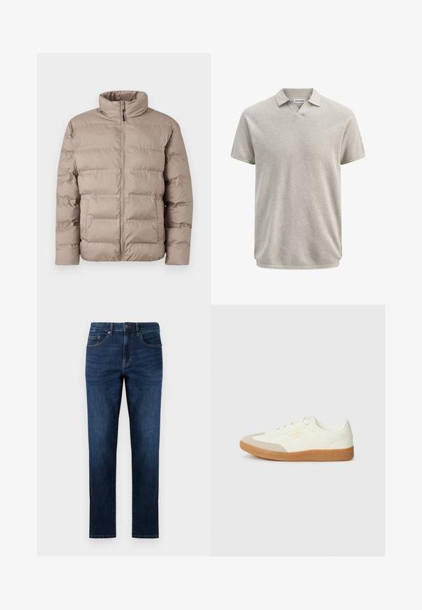 Lichtbruine gewatteerde jas met hoge kraag, ritssluiting aan de voorkant en twee zijzakken, ontworpen voor koud weer.; Beige poloshirt met korte mouwen en structuur, voorzien van een kraag en een lichte V-hals, met het label Jack & Jones.; Donkerblauwe denim jeans met een rechte pijpdesign, voorzien van vijf zakken, gestikte details en een klassieke knoopsluiting.; Schoen gemaakt van wit leer met een beige teenkap en een lichtbruine rubberen zool. Voorzien van platte witte veters en reliëfbranding aan de zijkant.