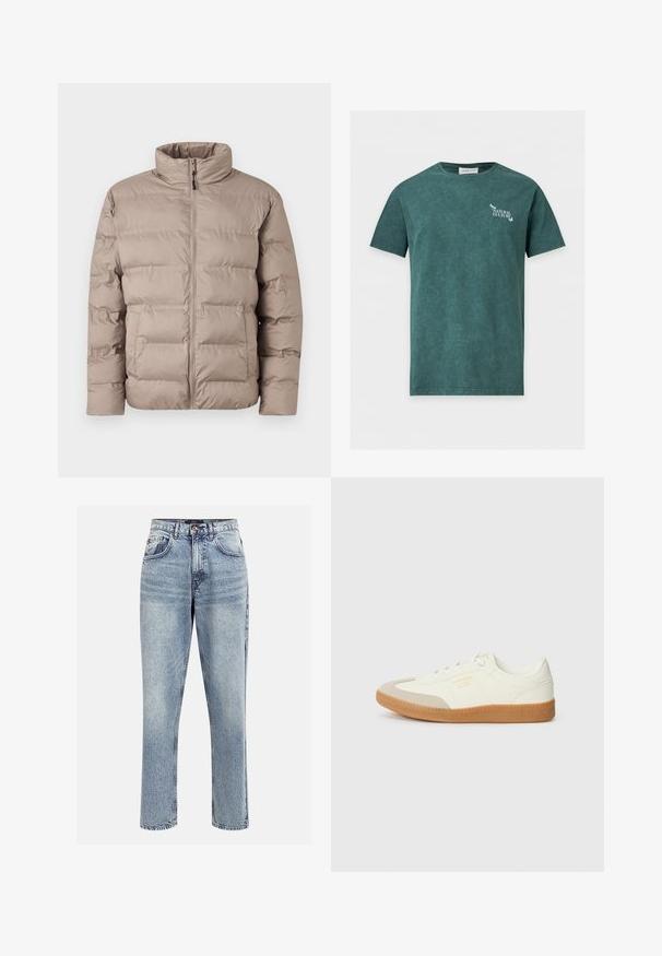 Chaqueta acolchada de color marrón claro con cuello alto, cremallera frontal y dos bolsillos laterales, diseñada para el clima frío.; Camiseta de manga corta de color verde oscuro con cuello redondo, texto blanco "Natural Culture" y pequeño gráfico de mariposa en el pecho izquierdo.; Jeans de mezclilla de tiro alto en azul claro con un corte recto, cinco bolsillos y cierre de botón. Presentan un desgastado sutil y detalles de costura.; Zapatilla de cuero blanca con puntera beige y suela de goma marrón claro. Presenta cordones planos blancos y una marca en relieve en el lateral.