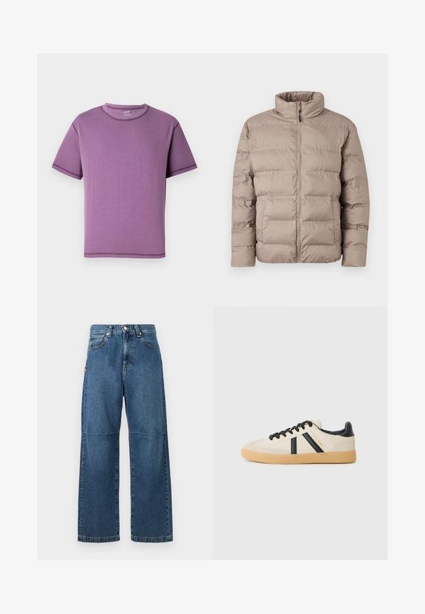 Chaqueta acolchada de color marrón claro con cuello alto, cremallera frontal y dos bolsillos laterales, diseñada para el clima frío.; Camiseta de manga corta morada hecha de algodón suave, con cuello redondo y costuras en contraste a lo largo de las costuras.; Vaqueros de mezclilla azul con un ajuste relajado, piernas rectas, costura visible y un cierre de botón en la parte delantera. Presenta un bolsillo lateral con un acento.; Zapatillas casuales en crema con rayas negras, con parte superior texturizada y suela de goma. Los cordones son negros. Logo sutil en el costado.