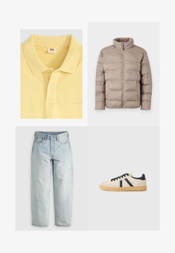 Chaqueta acolchada de color marrón claro con cuello alto, cremallera frontal y dos bolsillos laterales, diseñada para el clima frío.; Levi's® Polo - acacius stripe egret; Jeans de mezclilla azul claro con pierna recta, cinco bolsillos y cierre de botón; presentan áreas desgastadas y sutiles detalles de costura.; Zapatillas casuales en crema con rayas negras, con parte superior texturizada y suela de goma. Los cordones son negros. Logo sutil en el costado.
