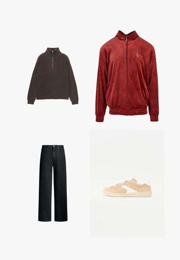 Veste zippée bordeaux en tissu doux et velouté. Dotée d'un col haut, de poignets élastiques et d'un logo brodé sur la poitrine.; Pull en maille marron avec un col montant et une demi-fermeture éclair. Présente une texture côtelée et des épaules tombantes pour un ajustement décontracté.; Jean noir à jambes larges en tissu denim, avec une taille haute, un design à cinq poches et des détails en métal. Surface texturée avec un léger effet délavé.; Baskets en suède beige avec des accents blancs, bout rond et fermeture à lacets. Tige texturée et semelle en caoutchouc avec un branding discret.