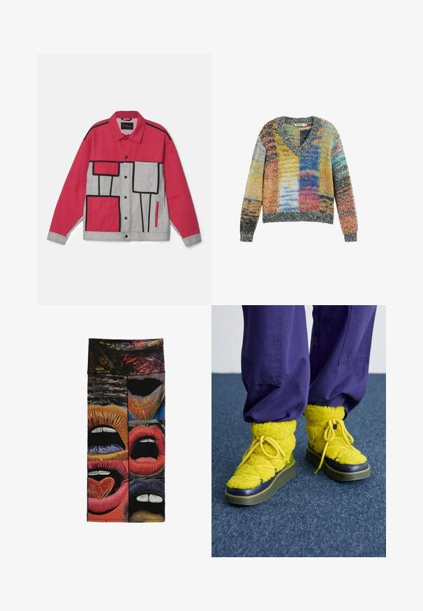 Rood en grijs jack met een geometrisch patroon, zwarte piping, knoopsluiting en twee voorkantzakken. Gemaakt van duurzame stof.; Kleurrijke gebreide trui met V-hals en lange mouwen, met een patchworkpatroon in gele, blauwe, rode en grijze tinten.; Kleurrijk stoffenpaneel met zes grafische close-ups van open lippen in verschillende kleuren en patronen, waaronder een hartvormig voorwerp op een tong.; Geel, donzige laarzen met een ronde neus, een gestructureerde stof en een groene rubberen zool. Heeft gele veters en een marineblauwe accent rond de neus.