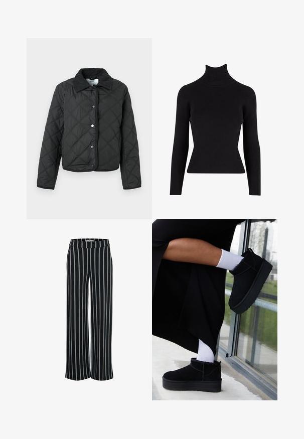 Must mustast õmmeldud jakk, millel on teemantniitidega õmblused, kruvilati kaelus, nupud esiosal ja pikad varrukad.; Musthave mustriba turtleneck sviiter pika varrukaga, vormitud siluett, tekstuuriga kangas ja kõrge kaelus.; Mustmustrokked mustriided pükste puhul on vertikaalsed sinised triibud, lai jalgade disain ja elastne vöökoht. Siledat tekstuuri, nähtavaid kinnitusi pole.; Mustadest nahast pahkluu saapad, millel on lame põhi, tagaküljel tõmbetasku, kantud koos valgete pahkluude sokkidega minimalistlikus taustas.