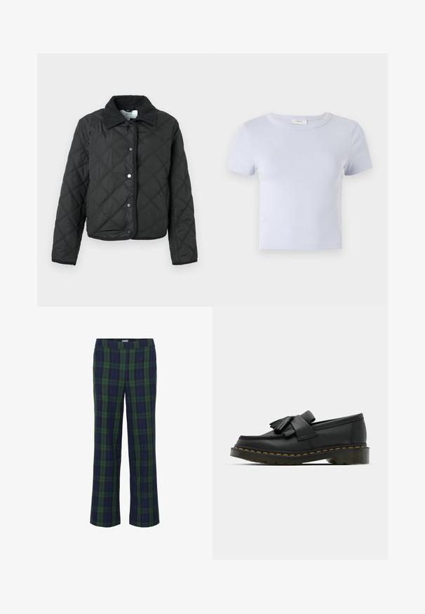 Chaqueta negra acolchada con costuras en forma de diamante, cuello de pana, botones a presión en el frente y mangas largas.; Camiseta de manga corta azul claro con cuello redondo, hecha de una tela suave; presenta un diseño ajustado y detalles de costura sutiles.; Pantalones a rayas en verde y azul marino con un diseño de pierna recta y una cintura elástica. La tela tiene una textura suave y presenta un clásico patrón de cuadros.; Mocasines de cuero negro con punta redonda, que presentan un detalle de flecos y una banda decorativa en la parte frontal, montados sobre un tacón grueso.