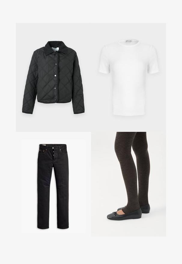 Sort quiltet jakke med diamant quilting, corduroy krave, trykknapper foran og lange ærmer.; Hvid ribstrikket T-shirt med korte ærmer, rund hals og tætsiddende pasform samt en lille mærkeetiket inde i kraven.; Sorte denimjeans med lige pasform, fem lomme-design og knaplukning. Har kobbernitter og syningsdetaljer.; Ben iført mørke ribbede leggings kombineret med sorte balletsko med små sløjfedetaljer på hvid baggrund.