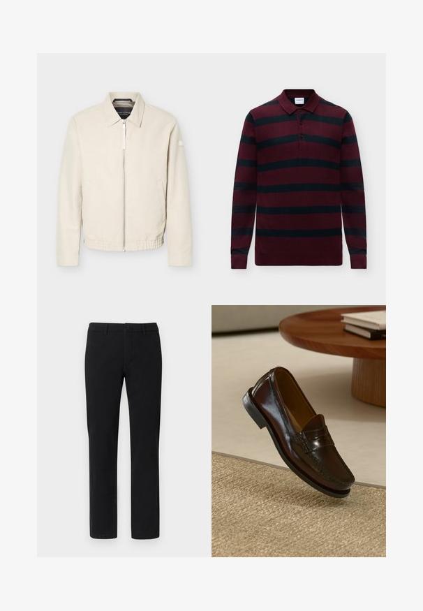 Beige lynlåsjakke med krave, lange ærmer, to sidelommer, elastisk taljebånd og et lille mærke på venstre ærme.; Langærmet burgunder polo sweater med sorte vandrette striber og tre knapper ved kraven.; Sorte chinos med lige ben, lavet af en glat bomuldsblanding, med bæltestropper og frontknaplukning.; Brune læder loafers med en blank overflade, der har en syet detalje over fronten og en lavprofil sort gummisål.