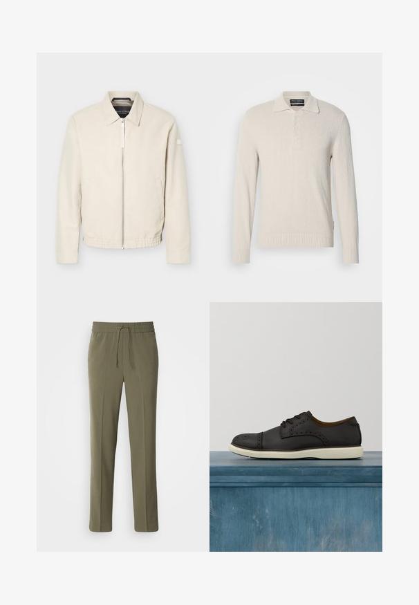 Chaqueta beige con cremallera, cuello, mangas largas, dos bolsillos laterales, cintura elástica y un pequeño parche en la manga izquierda.; Suéter de polo de manga larga beige claro en un tejido de punto suave con un acabado texturizado, que cuenta con un cuello clásico y una tapeta de tres botones.; Pantalones de color verde oliva, ligeros, con cintura elástica y cordón ajustable; diseño de pierna recta y textura suave.; Zapato de cuero negro con cordones, puntera perforada y detalles decorativos a lo largo de los lados, con suela de goma blanca.